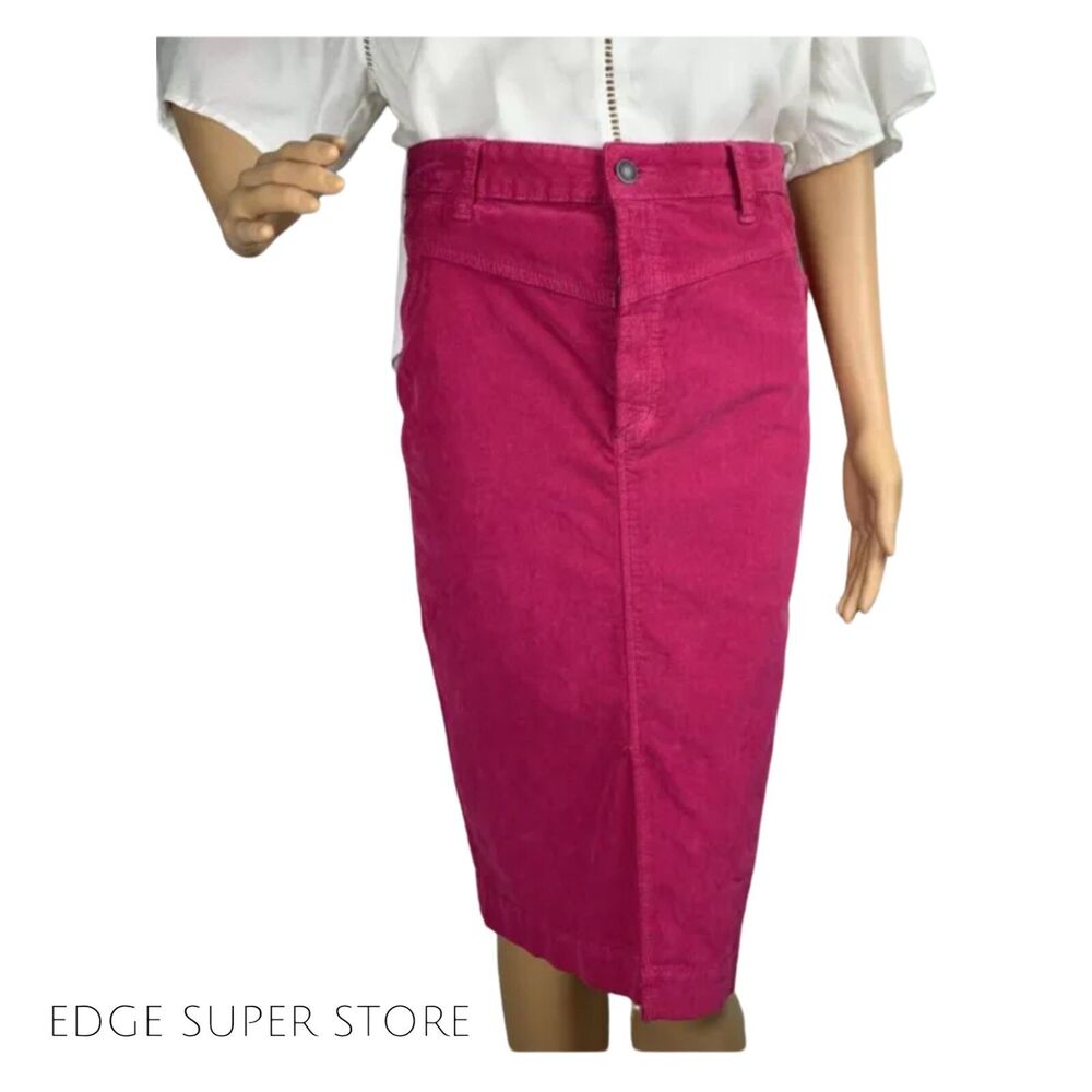 Free People Hot Pink Corduroy Slit Belted Mod Button Up Pencil Skirt Size 26
